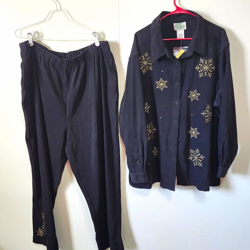 NWT Quacker Factory 2pc Pant Suit 3X Black Gold Snowflake Button Covers Vintage